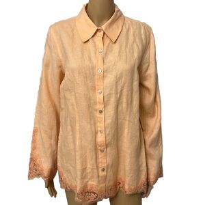 Soft Surroundings Womens 100% Linen Peach Button Up Shirt Sz Large Lace Accent